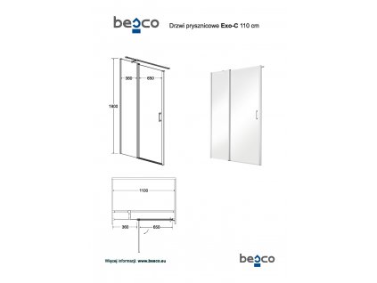 Bezrámové sprchové dveře EXO-C, 110 cm, 190 cm, Univerzální Levé / Pravé, Čiré bezpečnostní sklo - 6 mm, 80 cm, Chrom/Leštěný hliník (ALU)