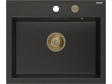 MEXEN/S - Oscar granitový dřez 580 x 490 mm, černá/zlatá metalik, zlatý sifon 6519581000-75-G