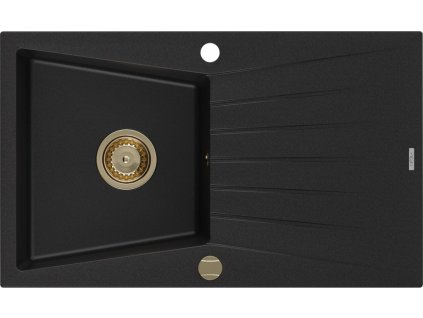 MEXEN/S - Cesar granitový dřez 1-miska s odkapávačem 775 x 470 mm, černý, zlatý sifon 6514771010-77-G