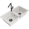 MEXEN/S - Mario granitový dřez 2-bowl včetně baterie Flora, bílá 6504-20-670401-70-B
