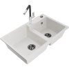 MEXEN/S - Tomas granitový dřez 2-bowl včetně baterie Flora, bílá 6516-20-670401-07-B