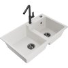 MEXEN/S - Tomas granitový dřez 2-bowl včetně baterie Flora, bílá 6516-20-670401-70-B