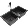 MEXEN/S - Mario granitový dřez 2-bowl včetně baterie Telma, černá kropenatá 6504-76-670200-70-B