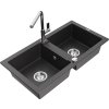 MEXEN/S - Mario granitový dřez 2-bowl včetně baterie Flora, černá kropenatá 6504-76-670401-00
