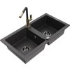 MEXEN/S - Mario granitový dřez 2-bowl včetně baterie Flora, černá kropenatá 6504-76-670401-57-B