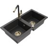 MEXEN/S - Mario granitový dřez 2-bowl včetně baterie Flora, černá kropenatá 6504-76-670401-57-G