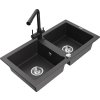 MEXEN/S - Mario granitový dřez 2-bowl včetně baterie Duero, černá kropenatá 6504-76-671600-70