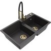 MEXEN/S - Tomas granitový dřez 2-bowl včetně baterie Aster, černá kropenatá 6516-76-73450-57-G