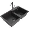 MEXEN/S - Tomas granitový dřez 2-bowl včetně baterie Flora, černá kropenatá 6516-76-670401-08-B