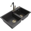 MEXEN/S - Tomas granitový dřez 2-bowl včetně baterie Flora, černá kropenatá 6516-76-670401-57-G