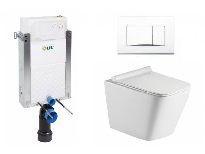 Wc set Square Wall podmítková nádrž do zdiva, rimless mísa, sedátko a bílé tlačítko 195851 obrázek č.: 1