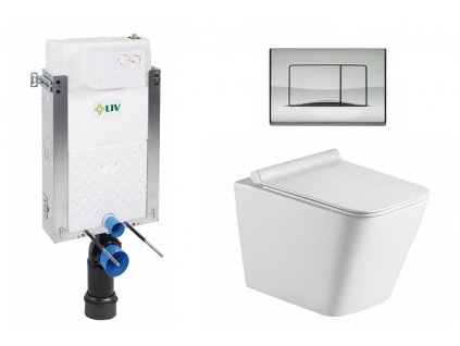 Wc set Square Wall podmítková nádrž do zdiva, rimless mísa, sedátko a tlačítko lesklý chrom 195870 obrázek č.: 1