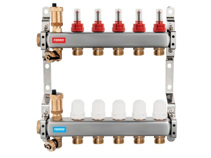 Rozdělovač nerez s průtokoměry a uzav. ventily, 5 okruhů (SN-RZPU05S)