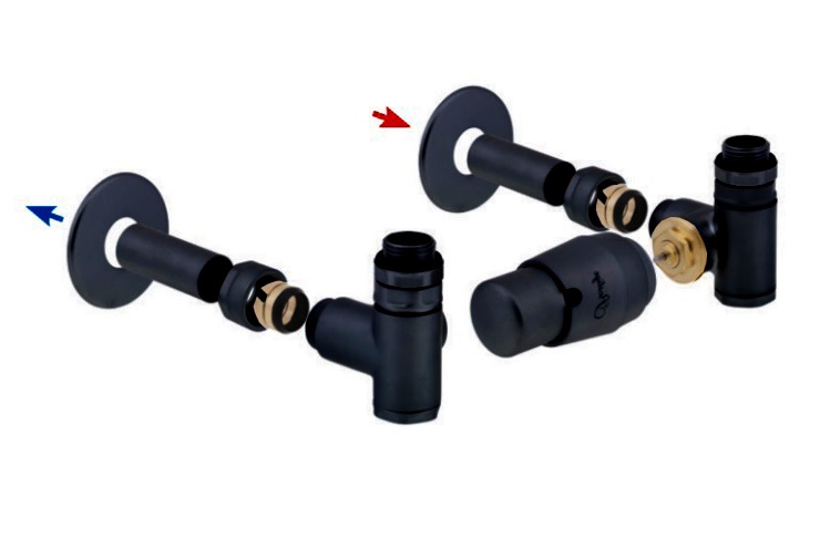 HS Integra - připojovací armatura pro spodní krajní připojení s termostatickou hlavicí napravo pro kombinaci s topnou patronou - černá matná (Matice pro Cu 15 mm) + krycí sada