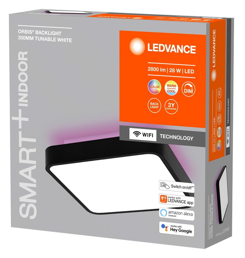 LEDVANCE ORBIS BACKLIGHT stropní svítidlo, 350x350mm, WIFI RGB+stmívatelné, 2800lm, 28W, černá