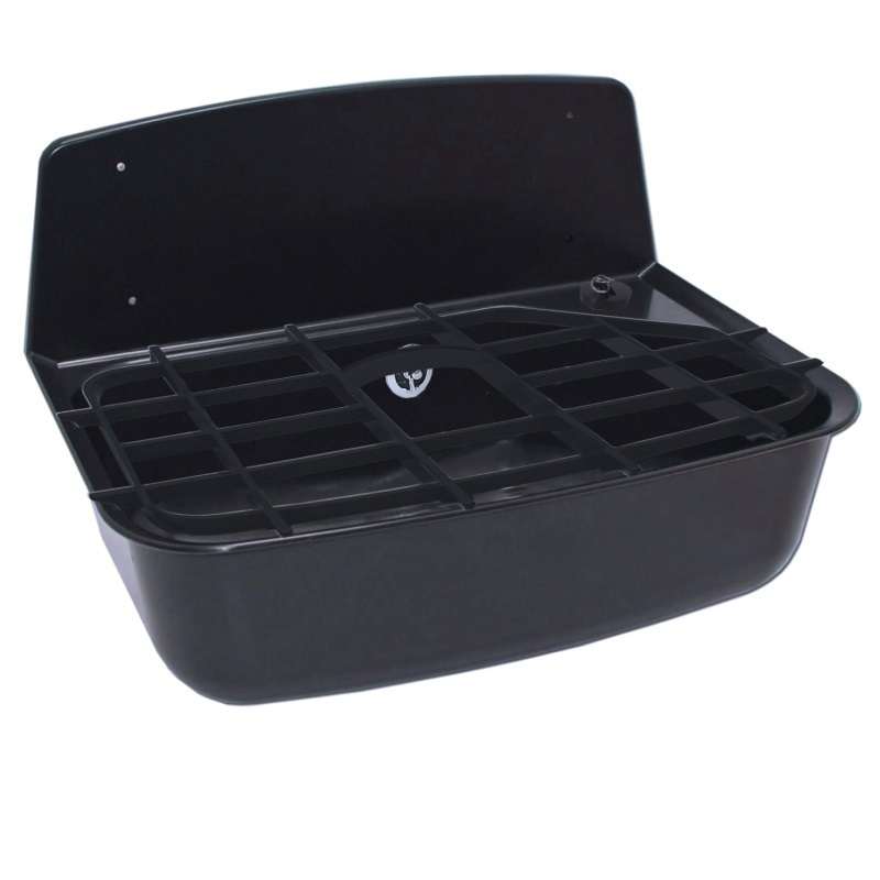 Eco produkty Úklidová plastová černá výlevka 48,5 x 34 cm s otvorem pro stojánkovou baterii, přepadem a plastovým roštem, kompletní se sifonem. Pro stojánkovou baterii.