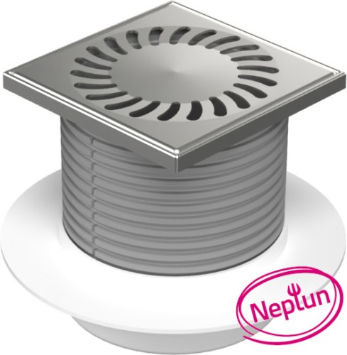 Chuděj Podlahová vpust spodní DN50, plovák Neptun, mřížka 125x125 mm nerez SUN (Gule spodní DN50 s nerez mřížkou)