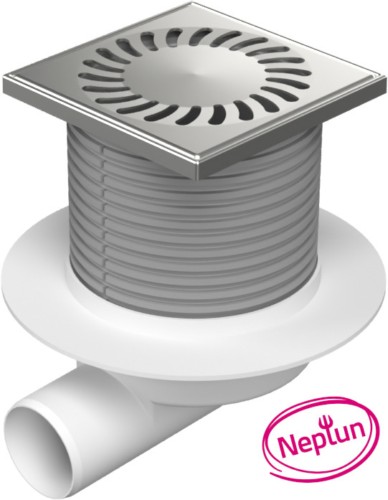 Chuděj Podlahová vpust boční DN50, plovák Neptun, mřížka 125x125 mm nerez SUN (Gule boční DN50 s nerez mřížkou)