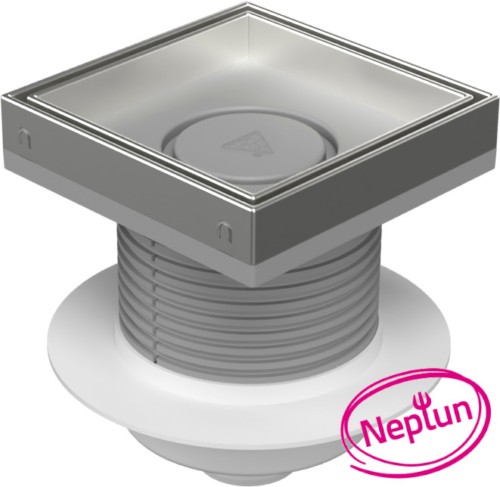 Chuděj Podlahová vpust spodní DN50, plovák Neptun, mřížka 150x150 mm nerez CERAMICS (Gule spodní DN50 s nerez mřížkou pro vložení dlažby)