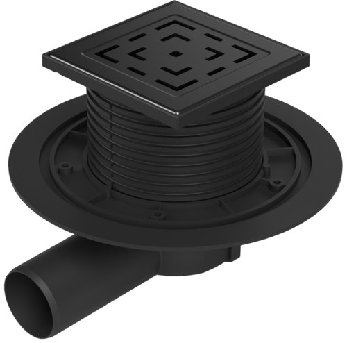 Chuděj Podlahová vpust boční černá DN50, mřížka 125x125 mm nerez LABYRINTH černá (Gule boční DN50 s černou mřížkou)