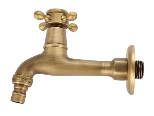 Eco produkty Mosazný nástěnný zahradní ventil 1/2" s keramickým uzavíráním, délka 120 mm - stará mosaz