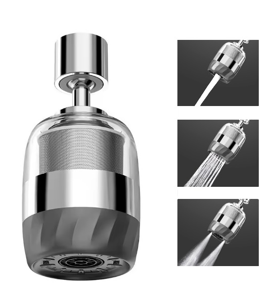 Eco produkty Exclusive Steel Filtra 3 Silver, dřezová nebo umyvadlová filtrační sprcha 3 proudy vody, perlátor s kloubem a nerezovým filtrem k vodovodní baterii se závitem M22/M24, stříbrná/šedá