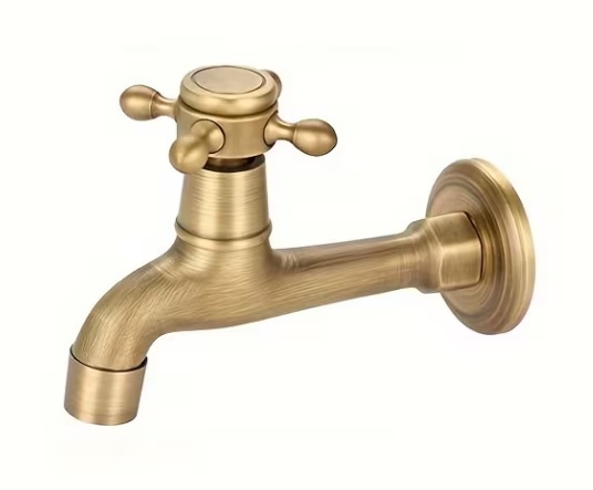 Eco produkty Mosazný nástěnný výtokový ventil 1/2" s keramickým uzavíráním; délka 120 mm - stará mosaz