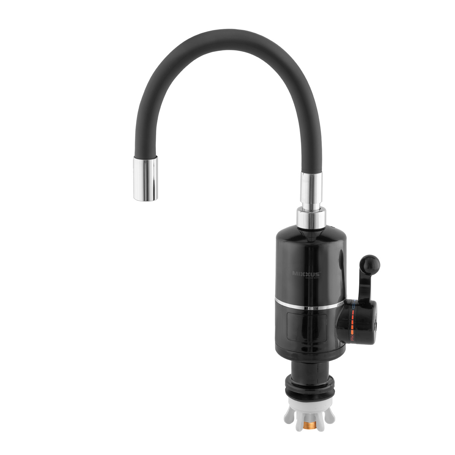 MIXXUS ELW06-EF-2BLACK vodovodní baterie s integrovaným elektrickým ohřevem vody 3,6kW a gumovým ohebným ramenem, povrch černá barva (Baterie s průtokovým ohřívačem ELW)