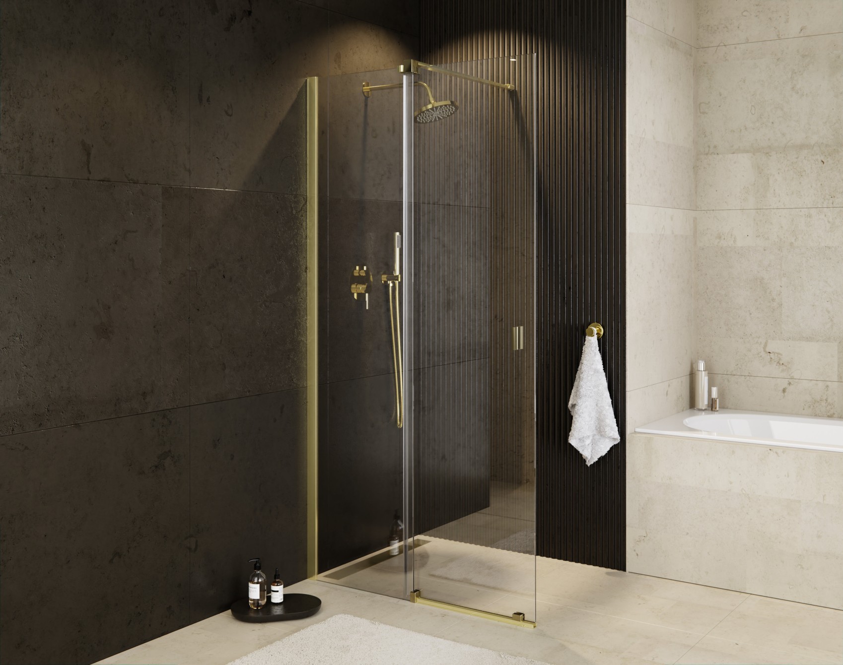 BESCO Walk-in sprchový kout VAYO GOLD — Barva rámu - Zlatá, Rozměr A - 110, Rozměr C - 200, Směr zavírání - Univerzální Levé / Pravé, Výplň - Čiré bezpečnostní sklo - 8 mm