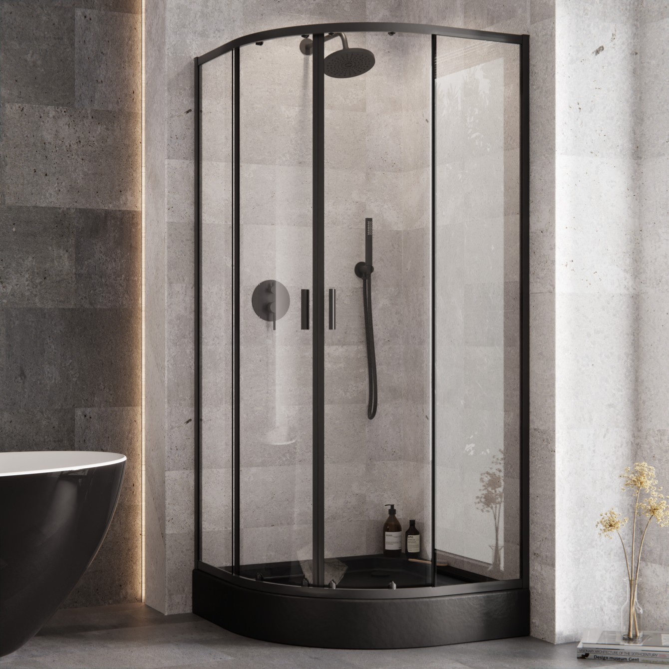BESCO Set čtvrtkruhový kout ZARYA BLACK + vanička ALEX STONE EFFECT — Barva rámu - Černá, Rozměr A - 80, Rozměr B - 80, Výplň - Čiré bezpečnostní sklo - 5 mm