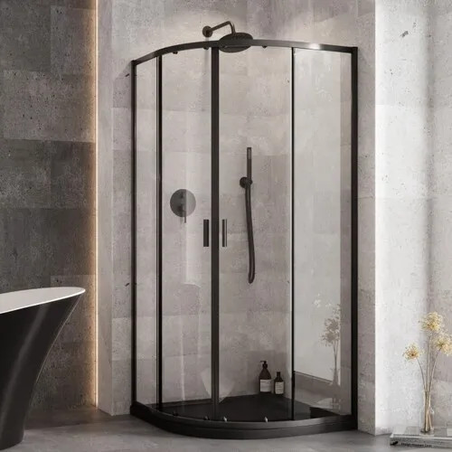 BESCO Set čtvrtkruhový kout ZARYA BLACK + vanička AXIM STONE EFFECT — Barva rámu - Černá, Rozměr A - 80, Rozměr B - 80, Výplň - Čiré bezpečnostní sklo - 5 mm
