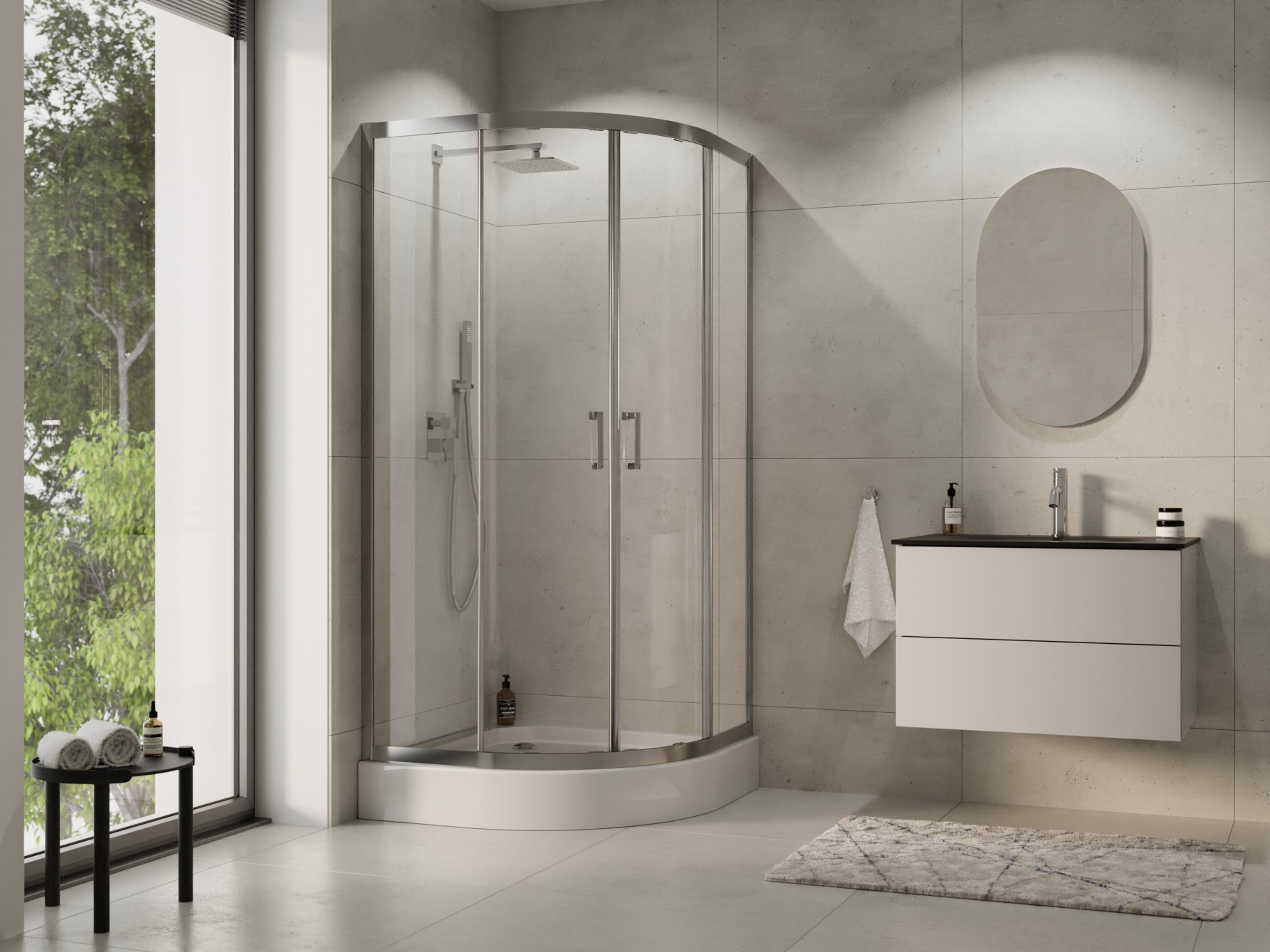BESCO Čtvrtkruhový sprchový kout MODERN CHROM 190 — Barva rámu - Chrom/Leštěný hliník (ALU), Rozměr A - 90, Rozměr B - 90, Rozměr C - 190, Směr zavírání - Univerzální Levé / Pravé, Výplň - Čiré bezpečnostní sklo - 6 mm