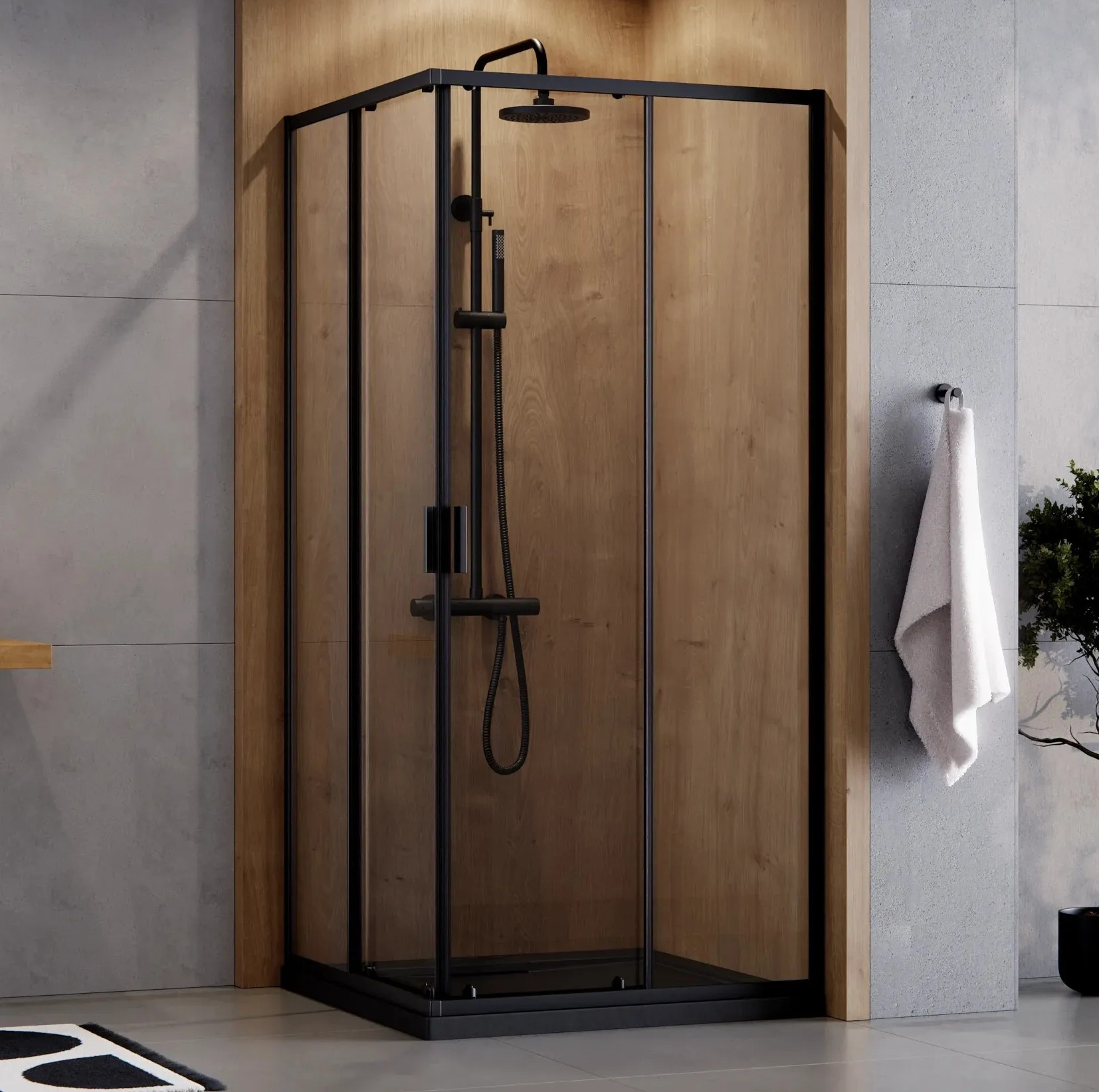 BESCO Set čtvercový kout ZARYA BLACK + vanička AXIM STONE EFFECT — Barva rámu - Černá, Rozměr A - 90, Rozměr B - 90, Výplň - Čiré bezpečnostní sklo - 5 mm