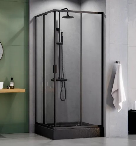 BESCO Set čtvercový kout ZARYA BLACK + vanička OSKAR STONE EFFECT — Barva rámu - Černá, Rozměr A - 90, Rozměr B - 90, Výplň - Čiré bezpečnostní sklo - 5 mm