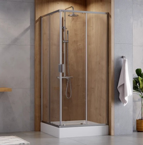 BESCO Set čtvercový kout ZARYA CHROM + vanička OSKAR — Barva rámu - Chrom/Leštěný hliník (ALU), Rozměr A - 80, Rozměr B - 80, Výplň - Čiré bezpečnostní sklo - 5 mm