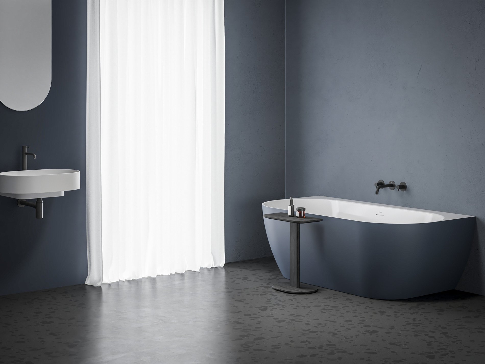 Ravak Vana Freedom Wall Tec 170x87, volně stojící, Deepsea Blue/bílá, krytka odtoku bílá/černá/chrom