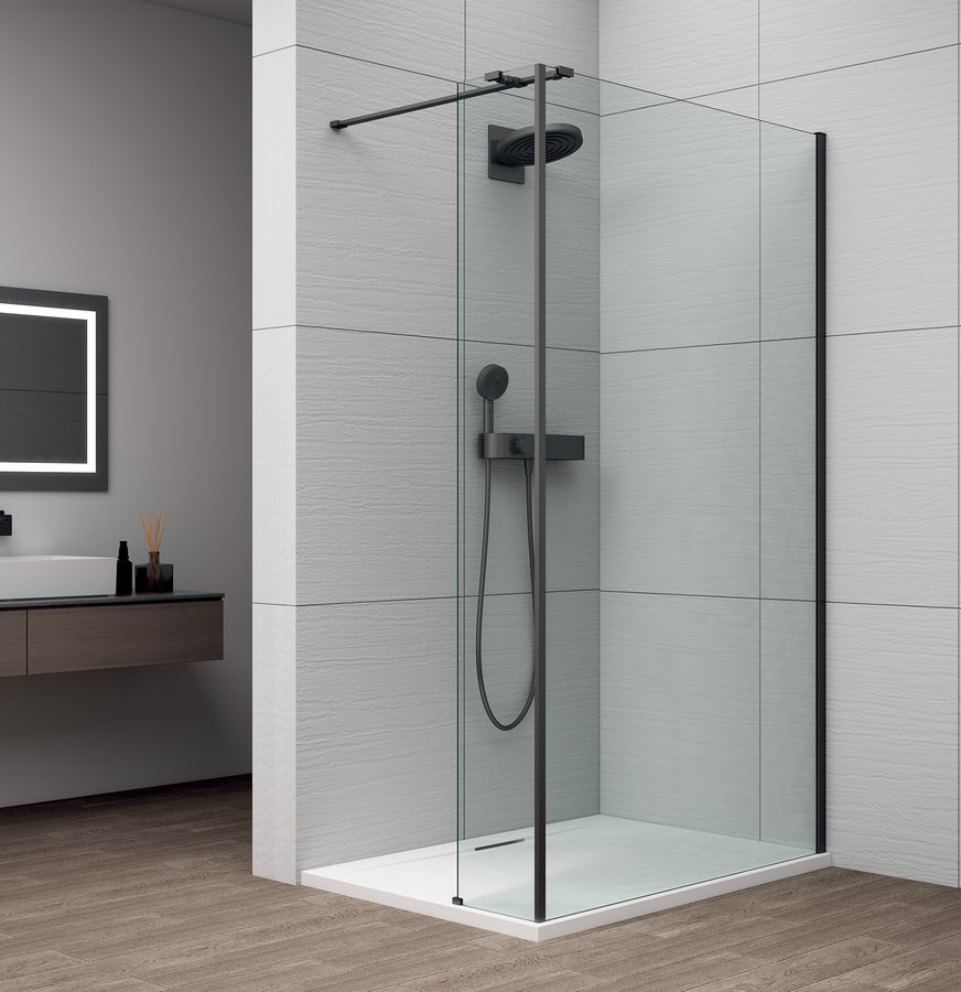 Polysan ESCA BLACK MATT sprchová zástěna s instalací ke stěně 1200mm a přídavným panelem 285mm, čiré sklo