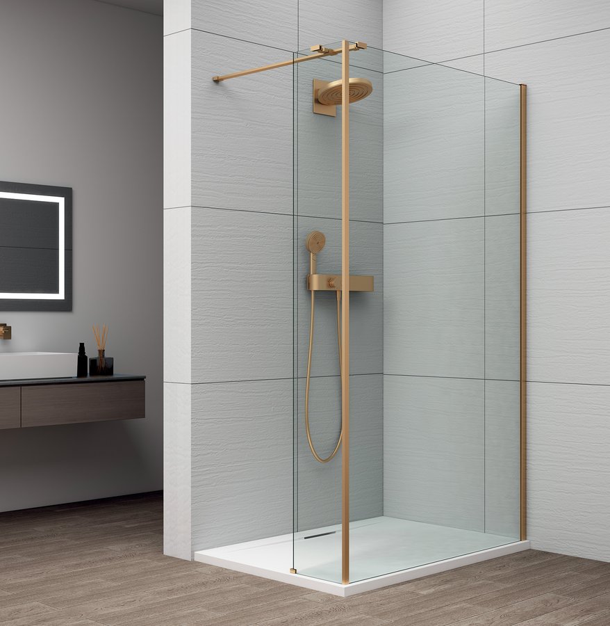 Polysan ESCA GOLD MATT sprchová zástěna s instalací ke stěně 900mm a přídavným panelem 285mm, čiré sklo