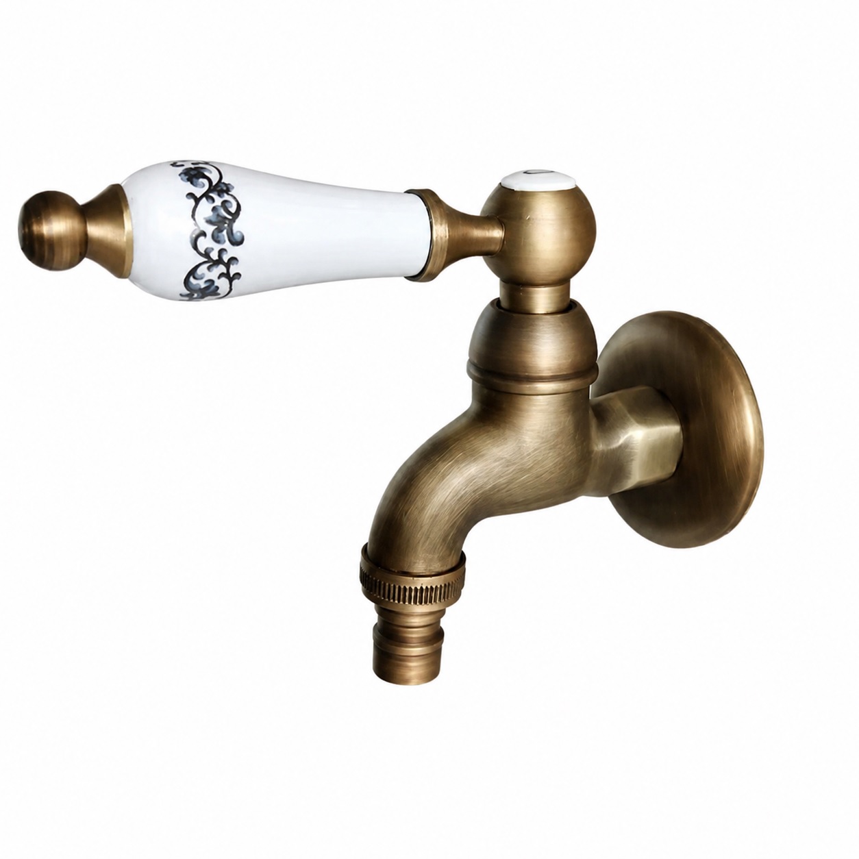 Eco produkty Mosazný nástěnný zahradní ventil 1/2" s ozdobnou keramickou retro páčkou a keramickým uzavíráním; délka 70 mm - stará mosaz