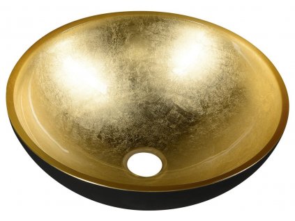 MURANO BLACK-GOLD skleněné umyvadlo na desku, průměr 40cm, černá/zlatá