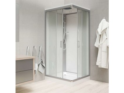 Sprchový box se střechou, čtvercový, satin ALU, sklo Point, zadní stěny bílé (Varianta Sprchový box, čtvercový, 90cm, satin ALU, sklo Point, zadní stěny bílé, SMC vanička, se stříškou)