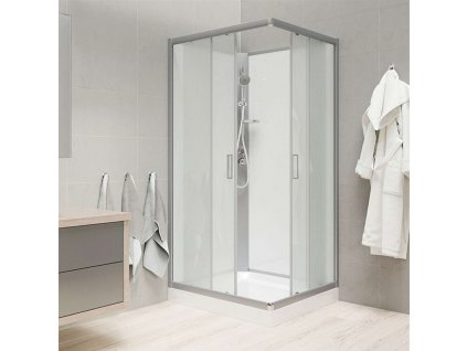 Sprchový box bez střechy, čtvercový, satin ALU, sklo Point, zadní stěny bílé (Varianta Sprchový box, čtvercový, 90cm, satin ALU, sklo Point, zadní stěny bílé, SMC vanička, bez stříšky)
