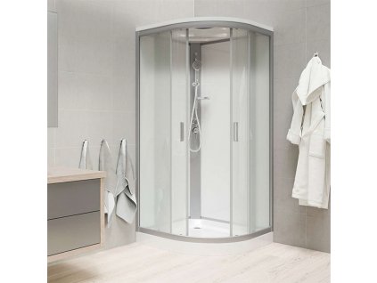 Sprchový box, čtvrtkruh, se stříškou, s vaničkou R550, satin ALU, sklo Point, zadní stěny bílé (Varianta Sprchový box, čtvrtkruh, 80cm, satin ALU, sklo Point, zadní stěny bílé, SMC vanička, se stříškou)