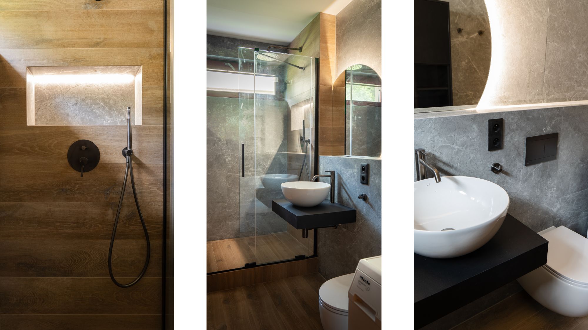 Koupelna v kombinaci dřeva a betonu