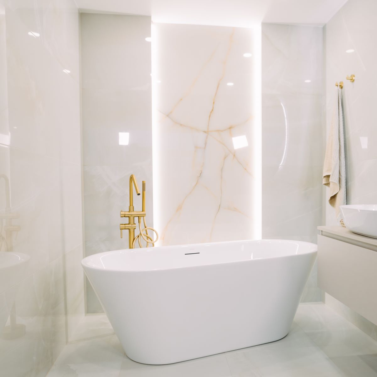 Elegantní koupelna ve stylu hotelového wellness se zlatými bateriemi, mramorovými obklady a volně stojící vanou