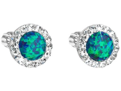 Stříbrné náušnice pecky se syntetickým opálem a krystaly Preciosa zelené kulaté 31317.1