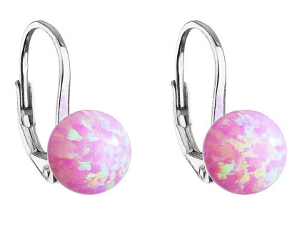 Stříbrné visací náušnice se syntetickým opálem růžové kulaté 11245.3