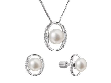 Perlová souprava ovál s říční perlou a zirkony bílá 29049.1B