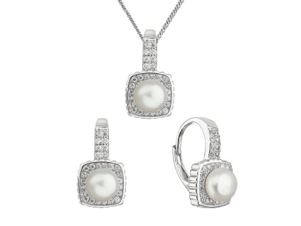 Perlová souprava s bílou říční perlou a zirkony čtverec 29084.1
