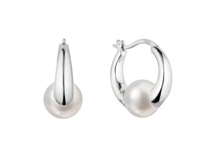 Stříbrné náušnice kruhy s říční perlou bílé 21085.1